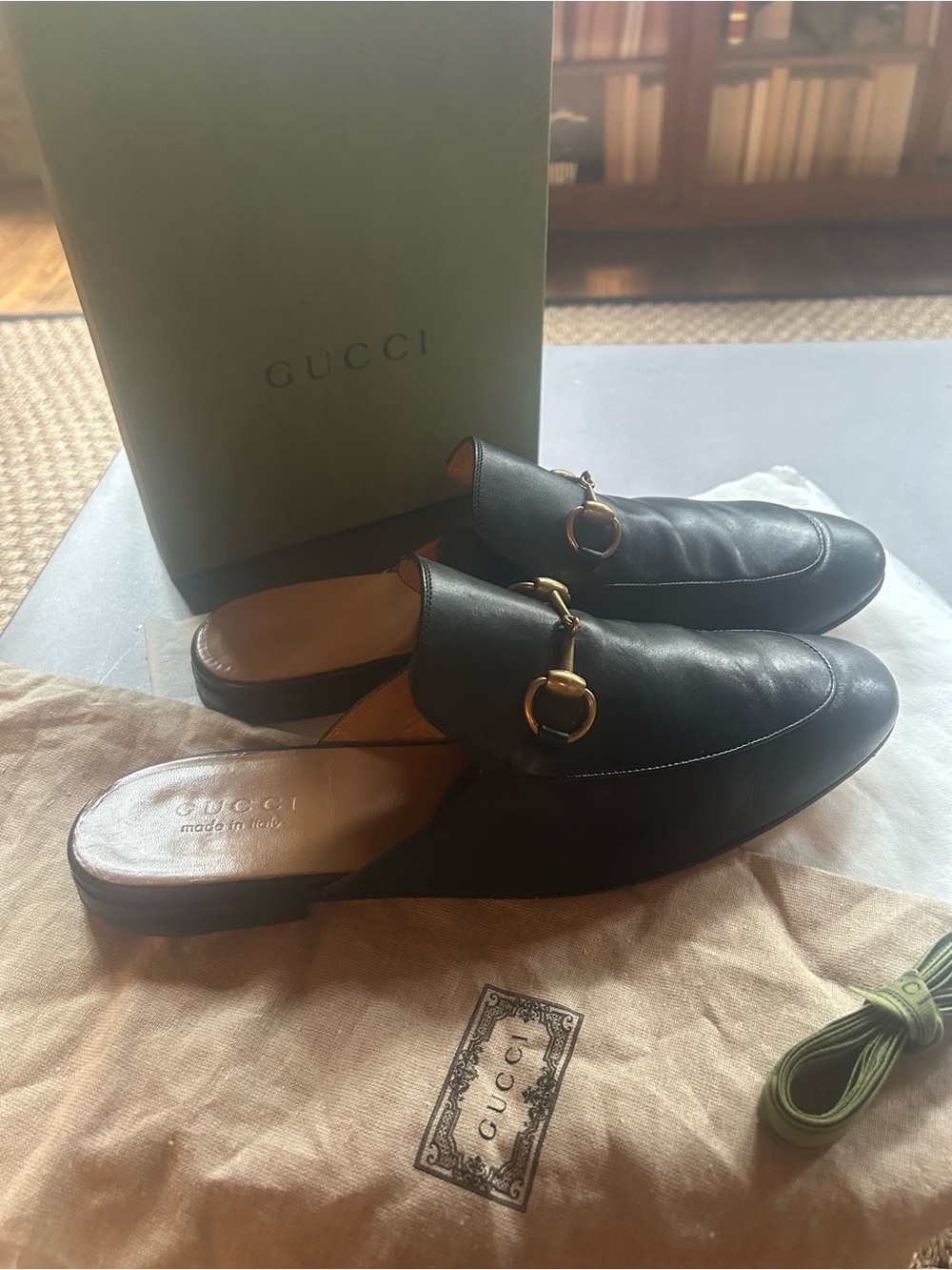 Gucci Black Leather Horsebit Backless Loafers